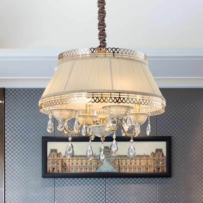 Candelera colgante moderna 4 bulbos con sombra de tela Beige Tambor tapered Crystal Down Lighting