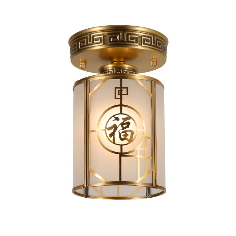 Brass 1 Light Semi Flush Traditional Style Frosted Glass Cylinder Ceiling Light Fixture with Metal Frame
