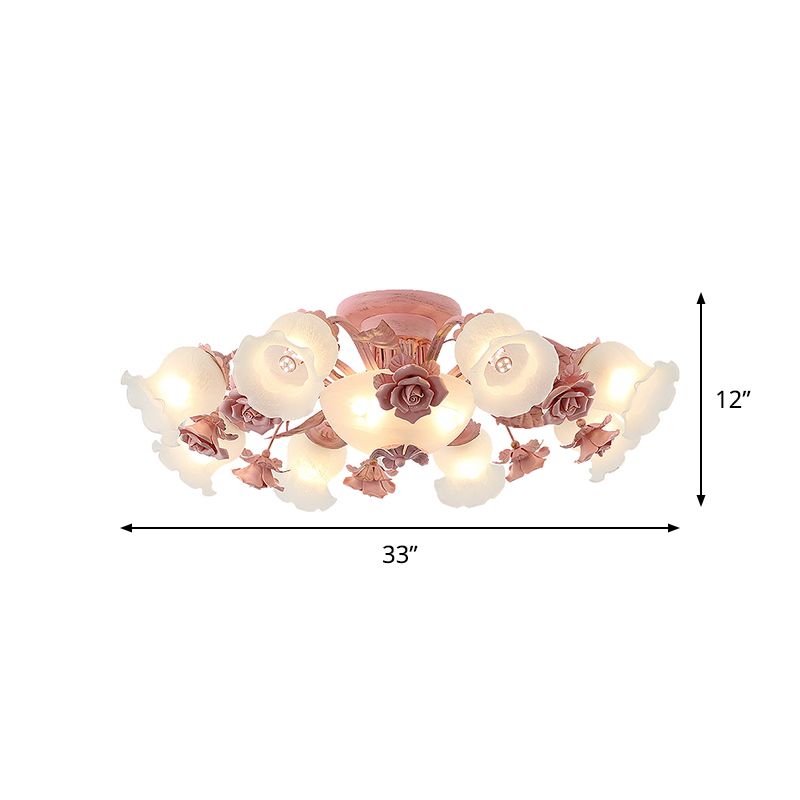 Rose Blossom Bedroom Flush Chandelier Pastoral Frosted Glass 7/11-Head Pink Ceiling Mount Light