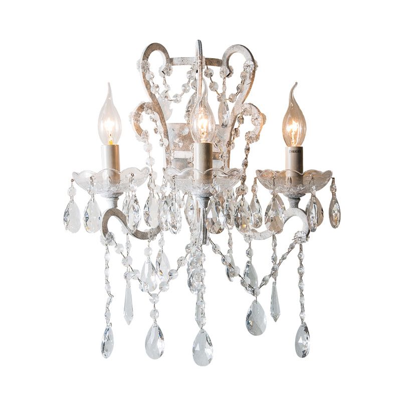 Candle Bedroom Sconce Light Rustic Metal 3 Bulbs Gold/Ivory Wall Lighting Fixture with Dangling Crystal Accent