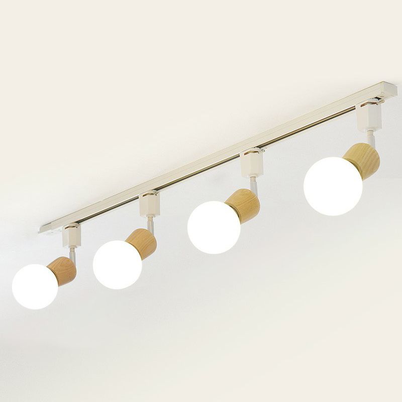 Exposed Bulb Track Lighting Simplicity Wooden 4-Light Dining Room Semi Flush Ceiling Light in White