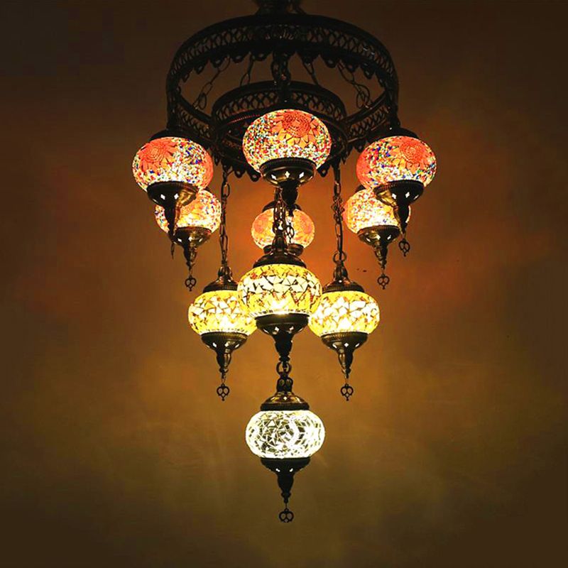 10 Heads Oval Hanging Light Fixture Traditional Red/Pink/Yellow Multicolored Stained Glass Chandelier Lamp