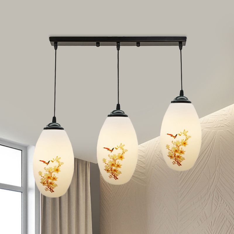 3 Bulbs Multiple Hanging Light Modern Oblong Frosted White Glass Linear/Round Canopy Pendulum Lamp with Flower Pattern