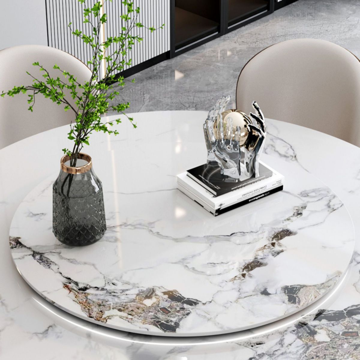 Modern Round Dining Table Stone Dining Table with Stainless Steel Pedestal Base