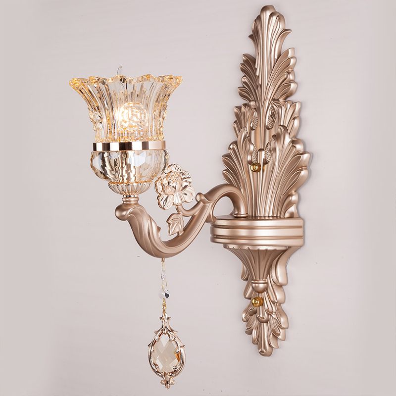 1/2 Heads Bell Wall Lighting with Clear Glass Shade and Crystal Decoration Vintage Gold Finish Sconce Light Fixture