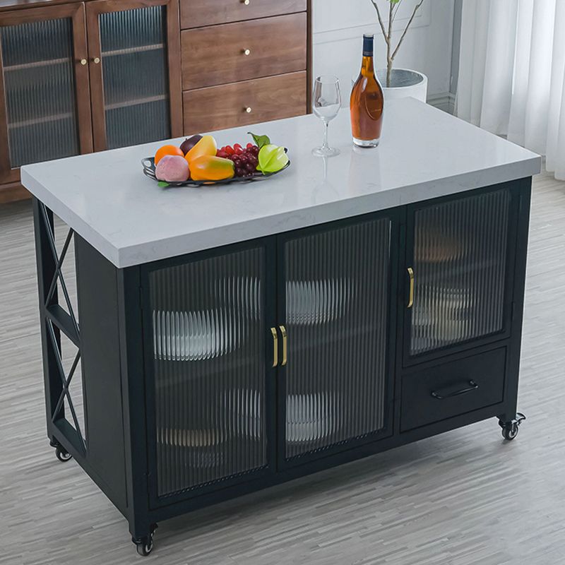 Faux Marble Rectangle Kitchen Island Cart with Glass Storage Cabinet