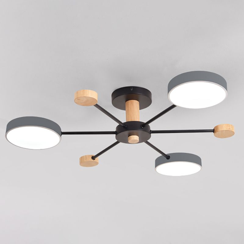 Luz de techo redondo nórdico Luz de montura de montura de luz múltiple con madera para dormitorio