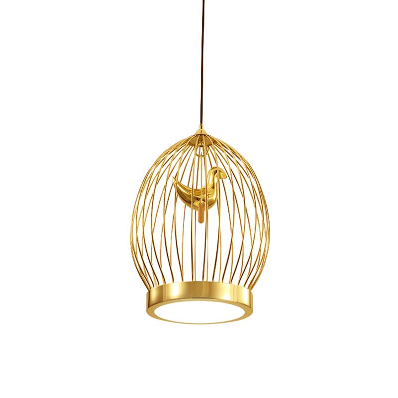 Global Cage Metallic Hanging Light Fixture Modern 1-Head Gold Finish Suspended Pendant Lamp with Bird Deco