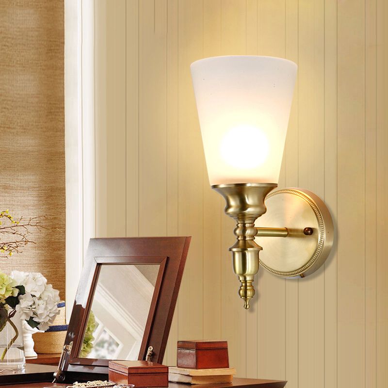 Frosted Glass Conical Wall Mounted Light Vintage Style 1/2-Head Indoor Wall Lighting in Brass