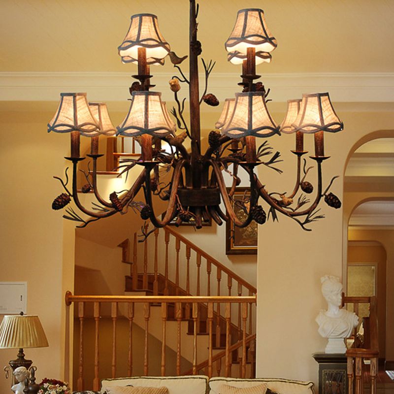 12 Lights Scalloped Chandelier Rustic Brown Metal Pendant Light Fixture with White Fabric Shade