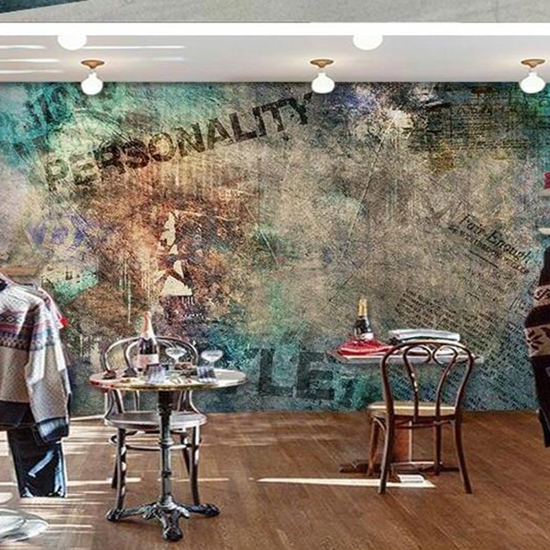 Green and Brown Graffiti Mural Wallpaper Stain-Resistant Wall Art for Coffee Shop Decoration