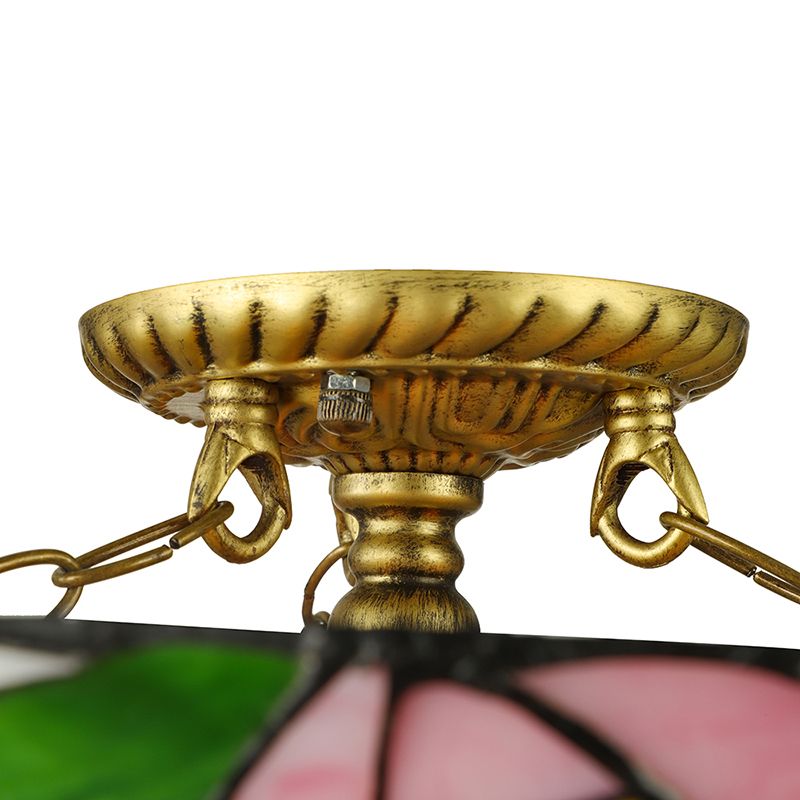 Pink and Green Bowl Flush Light with Rose Vintage Tiffany Stained Glass Flush Ceiling Light