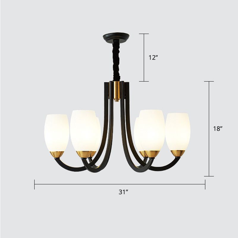 Swooping Arm Chandelier Traditional White Frosted Glass Hanging Light Fixture for Living Room