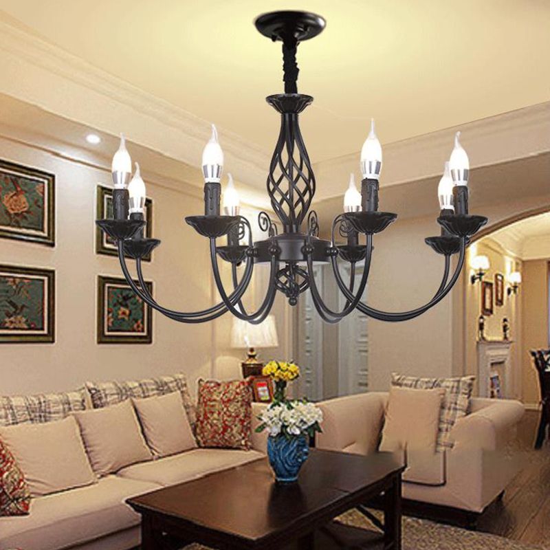 Black/White Swooping Arm Chandelier Lamp Traditional Metal 3/4/5 Lights Living Room Hanging Light