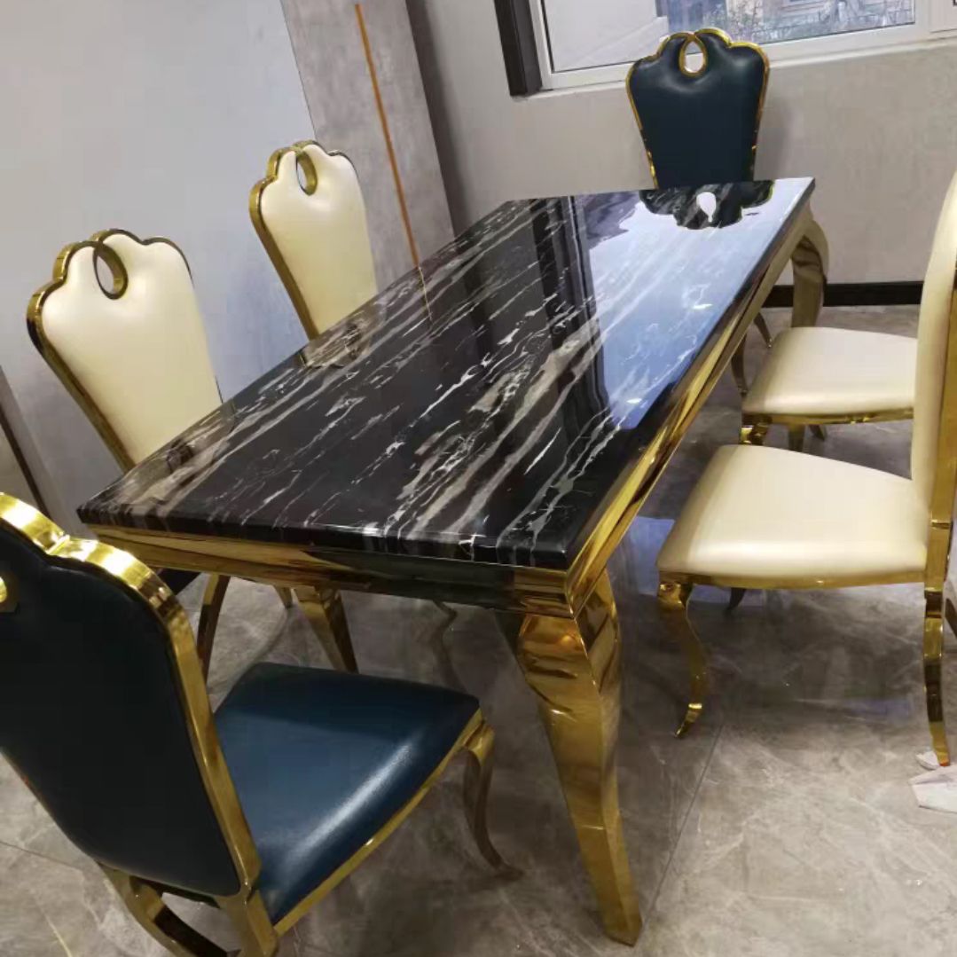 Marble Dining Table Luxury Style 4 Legs Metallic Base Rectangle Table for Home