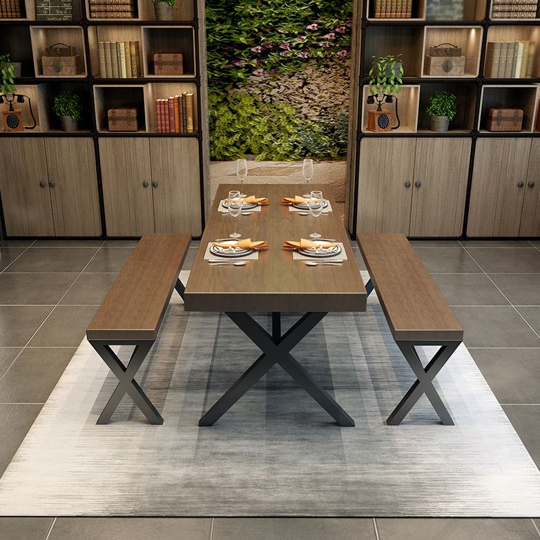 Industrial Style Solid Wood Dining Table Metallic Trestle Base Rectangle Table for Home