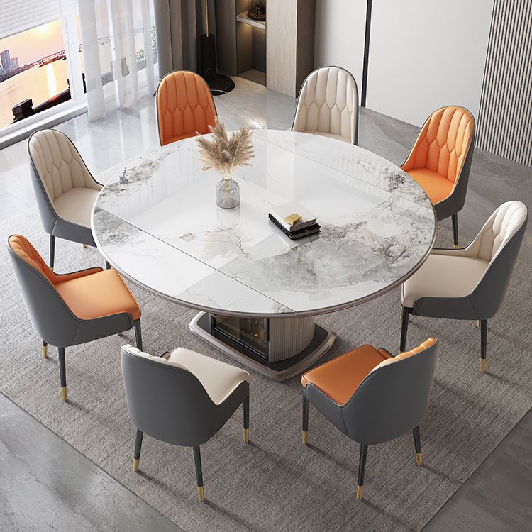 Stone Tabletop Round Extendable Dining Table in White with Storage