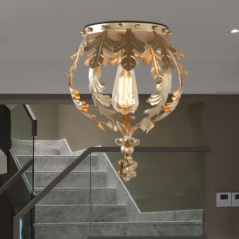 Single Inverted Leaf Crown Flush Light Rustic Grey/White/Gold Metal Ceiling Mounted Lamp for Corridor