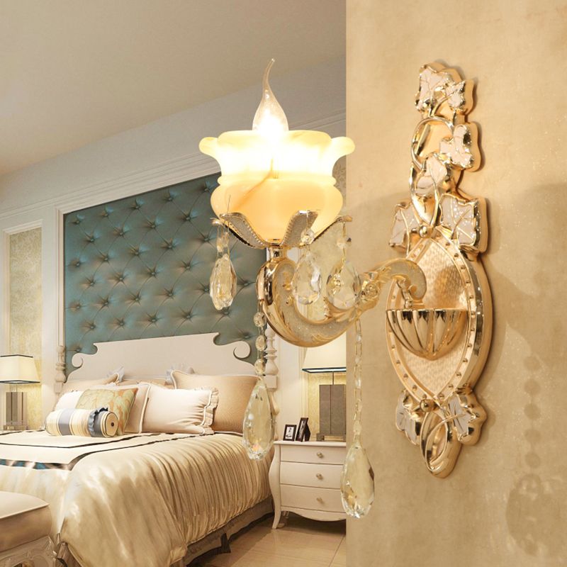 Traditional Candle Wall Mount Lamp 1/2 Heads White Glass Wall Sconce Lighting in Brass with Crystal Draping