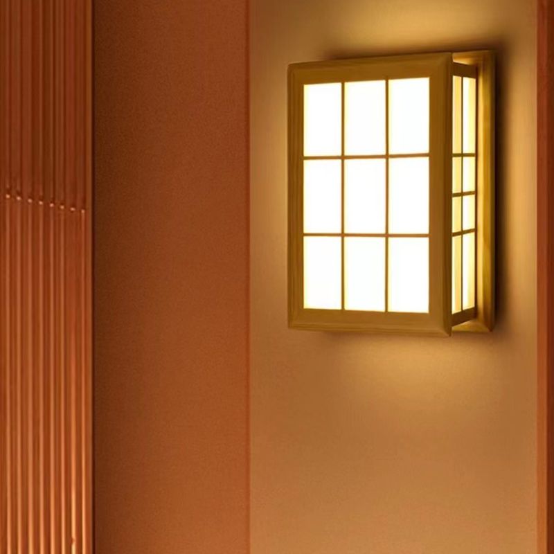 Japanese Style Wooden Wall Light Cuboid LED Wall Lamp with PVC Shade for Living Room
