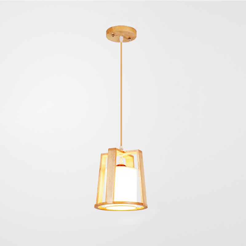 Modern Creative Pendant Light Wooden Geometric Hanging Lamp with White Fabrics Shade