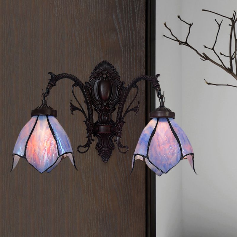 White/Pink Glass Copper Wall Light Sconce Lotus 2 Bulbs Victorian Wall Mount Lamp with Curved Arm