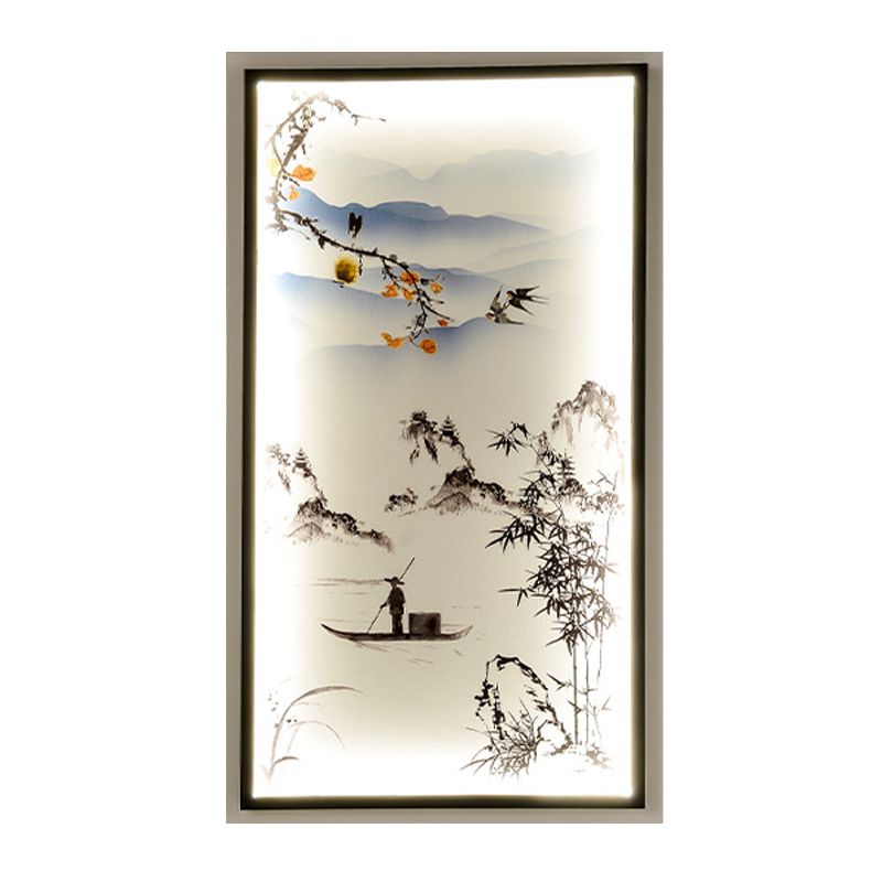 Fabric Boat Ride Mural Lighting Asian Black LED Wall Mounted Lamp for Living Room