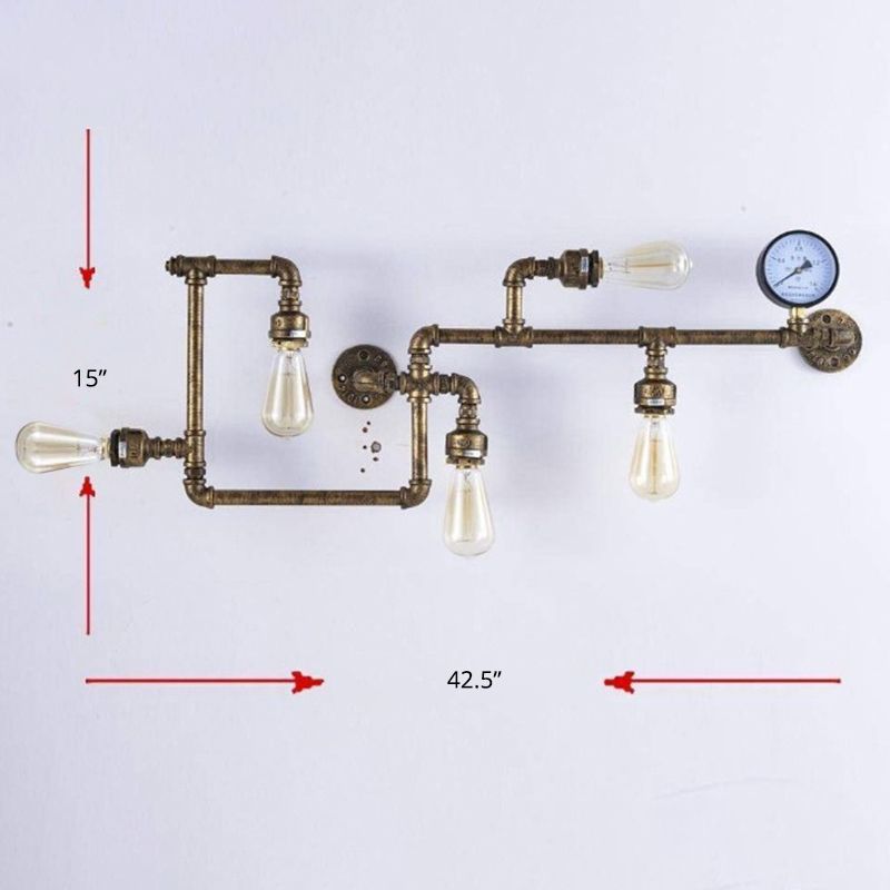 Water Pipe Iron Wall Lighting Industrial 5 Bulbs Restaurant Wall Sconce with Decorative Gauge