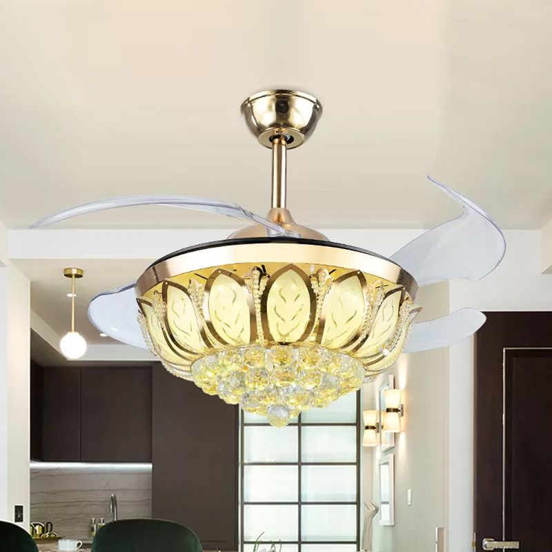 16 "brede bloem semi -spoelbevestiging eenvoudige kristal orb eetkamer led hangende ventilatorlicht met 4 messen
