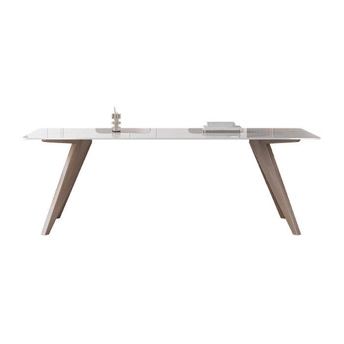 Modern Sintered Stone White Table Dining Table with Wooden Base and 4 Legs