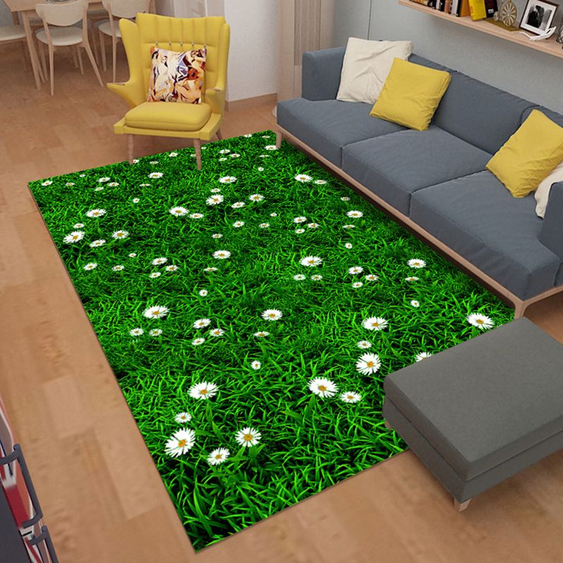 Green Tone Plant Print Rug Polyester Modern Anti-Slip Backing Indoor Rug for Living Room