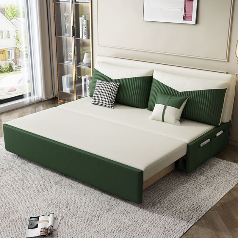 Contemporary Faux Leather Futon And Mattress, Storage Sleeper Sofa in Green and White