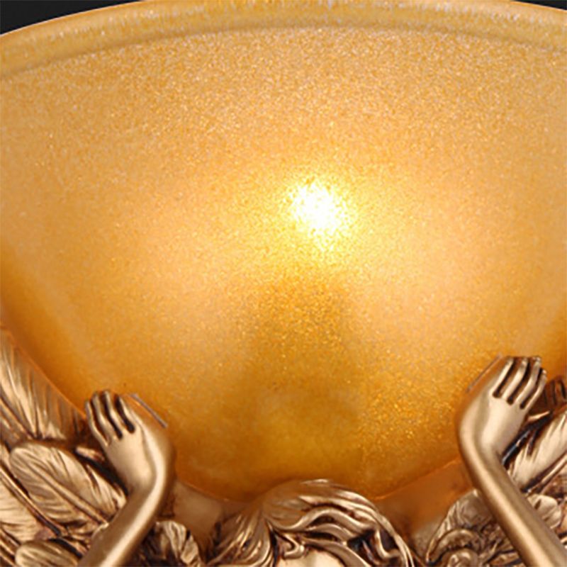 Amber Glass Bowl Wall Lamp Modern Style 1 Light Bedroom Wall Sconce Fixture with Gold/White Angel Design