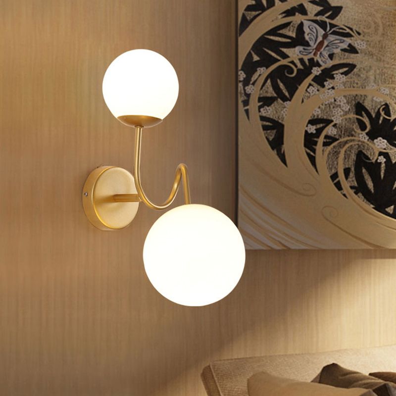 Metal Curved Arm Sconce Light Contemporary 2 Heads Wall Mounted Lamp in Gold with White Glass Shade