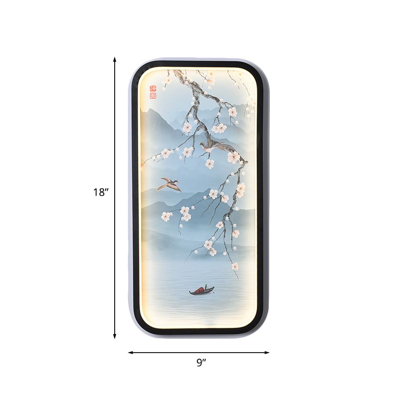 Plum Blossom Living Room Mural Light Fabric Asian Style LED Wall Sconce Lighting in Blue