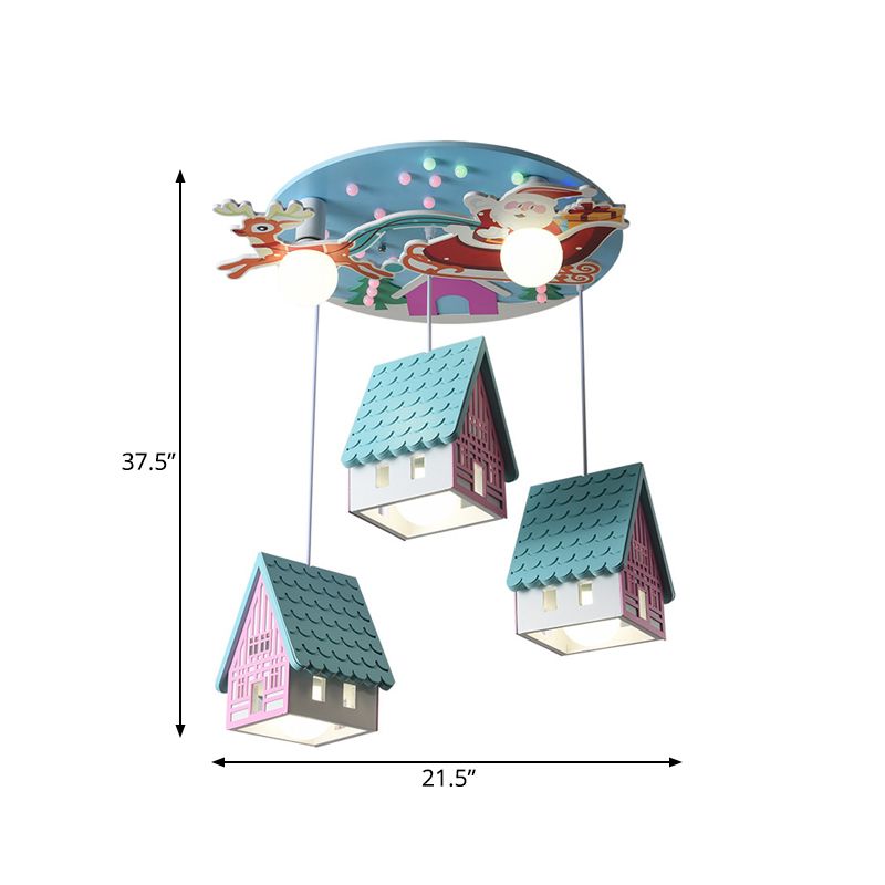 Blue Tile-Dak House Cluster Pendant Cartoon 5 Lichten Woodhangend Lamp-armatuur voor kinderslaapkamer