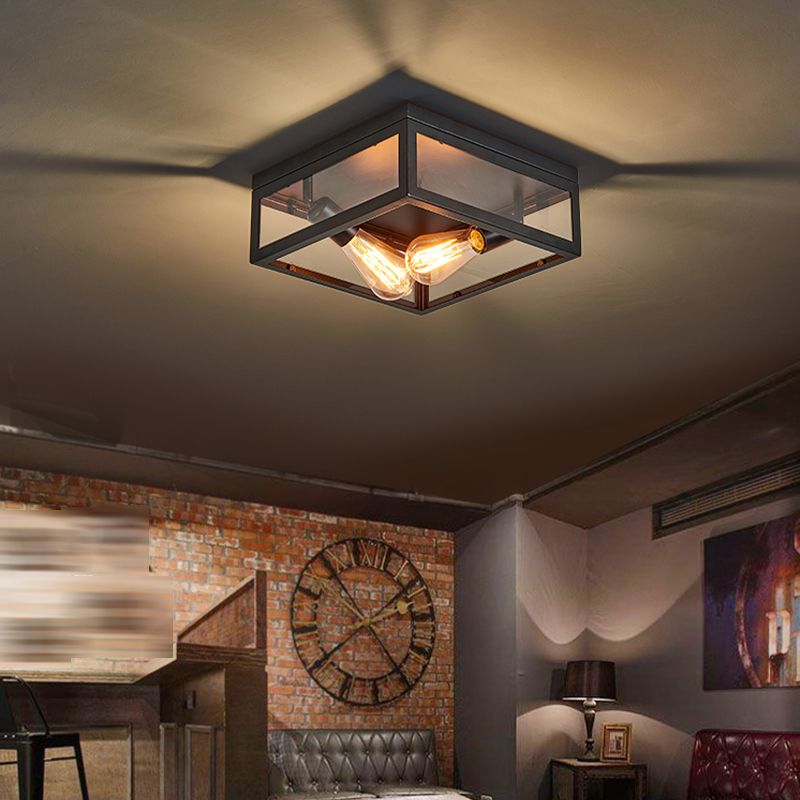 Metal Square Flush Mount Light Industrial 2 Lights Flush Mount Ceiling Fixture in Black