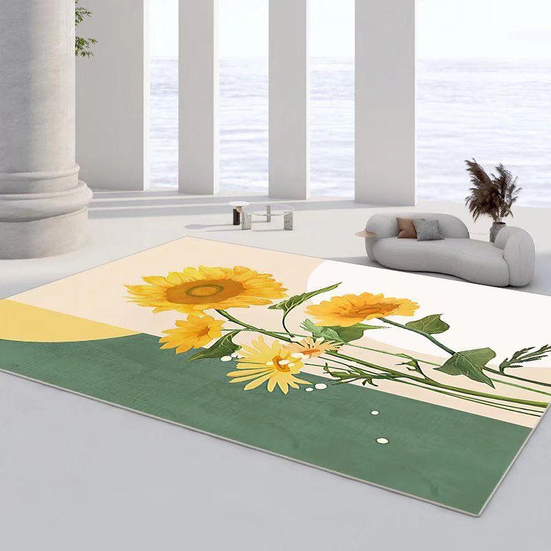 Magnificent Flowers Rug Polyester Yellow Rug Washable Indoor Rug for Drawing Room