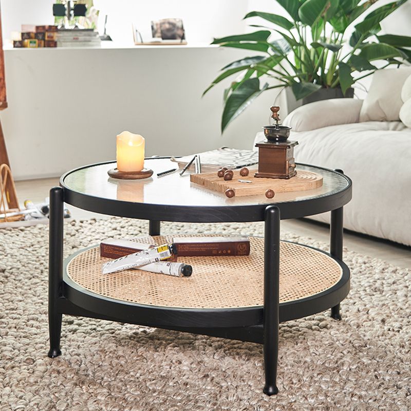Tropical Round Cocktail Table Glass Top Coffee Cocktail Table with Storage
