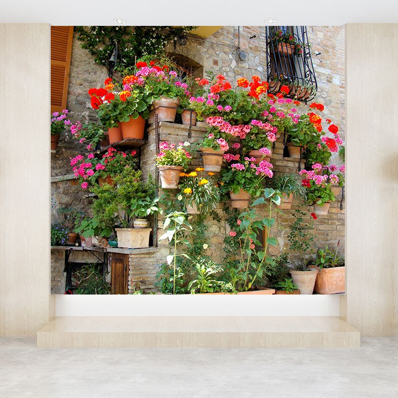 Contemporary Girls Mural Wallpaper Old Balcony and Colored Flowers Red Wall Covering