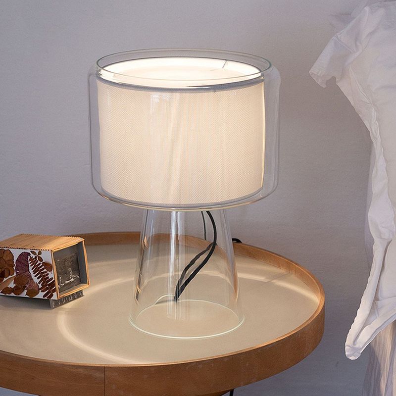 Clear Glass Fungus Plug-In Night Lamp Modernist Single White/Beige Table Light with Gathered Fabric Shade Inside