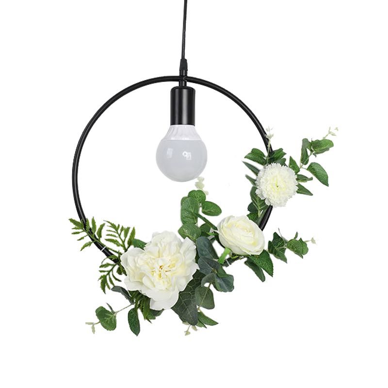 1 Glühbirne Künstliche Blumendecke Anhänger Haftstil Schwarzes Eisen -Down -Beleuchtung mit Dreieck/rund/quadratischem Rahmen