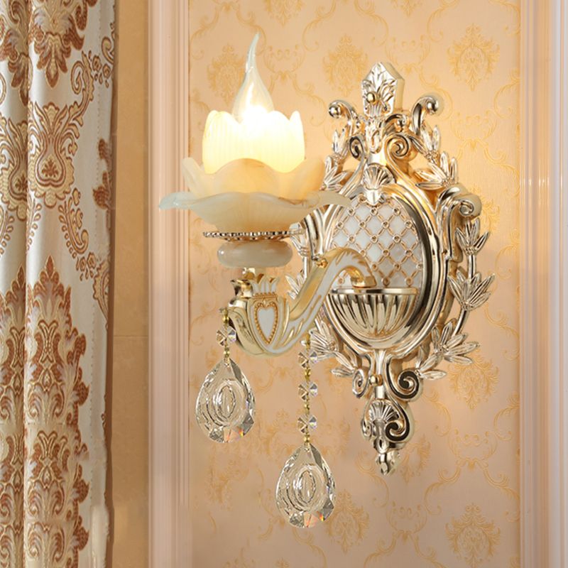 Jade Floral Wall Light Antique Living Room Wall Lighting Fixture with Hanging Crystal in Gold