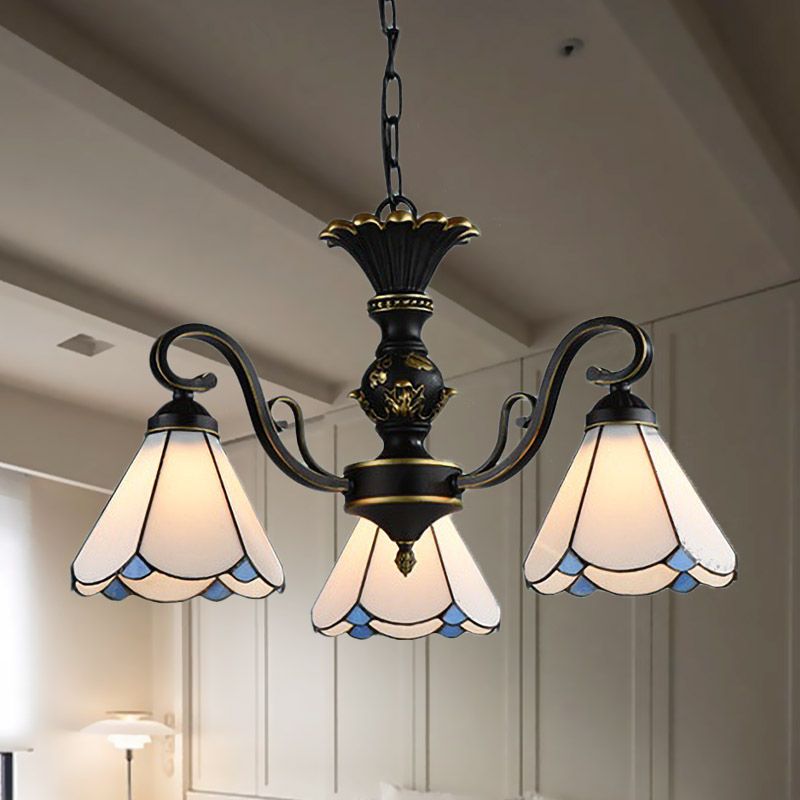 Mediterranean Conical Chandelier Lamp 5/6/8 Lights White/Blue Glass Hanging Ceiling Light for Living Room