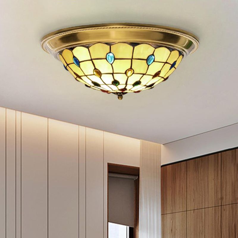 Lattice Bowl Flushmount LED Stained Glass Tiffany Style Beaded Patterned Ceiling Fixture in Brass, 15"/16"/19.5" Wide