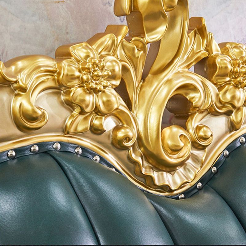 Tufted Split-Back Sofa Green Genuine Leather Rolled Arm Sofa with Nailhead