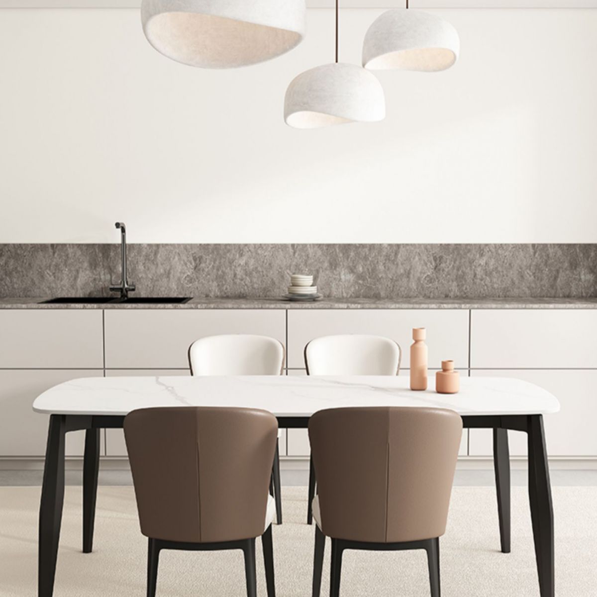 Industrial Rectangle Dinette Table Tripod Base Dining Table with White Stone Top