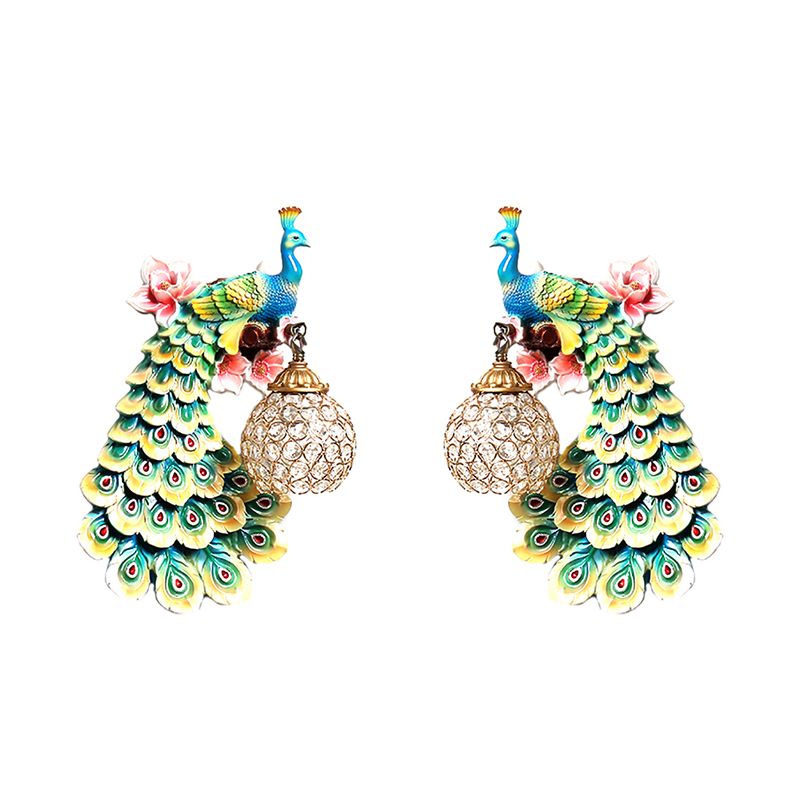 Blue/White Peacock Wall Mounted Light 1 Light Loft Style Resin 1/2-Pack Wall Lamp with Dome Crystal Shade, Double/Right/Left