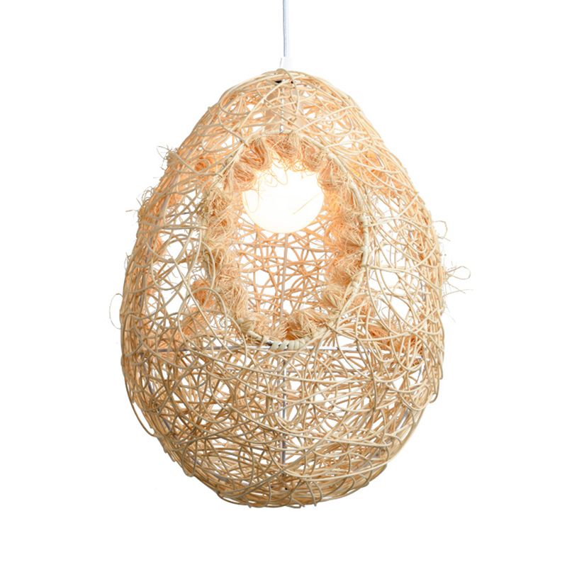 Woven Rattan Egg Shaped Pendant Light for Restaurant Rustic One Bulb Hanging Lamp in Beige