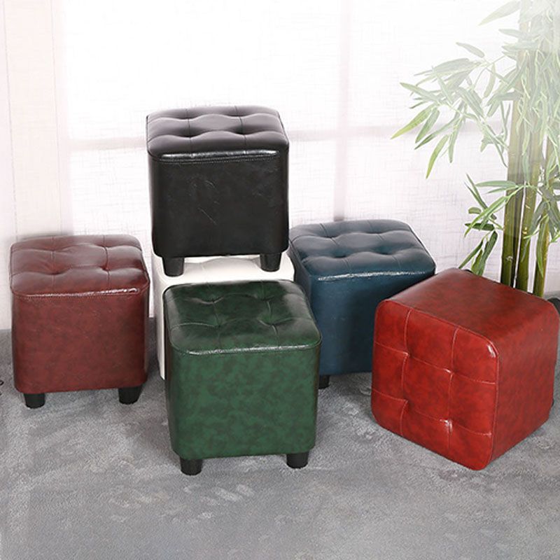 Modern Square Pouf Pure Color Tufted Upholstered Faux Leather Cube Ottoman